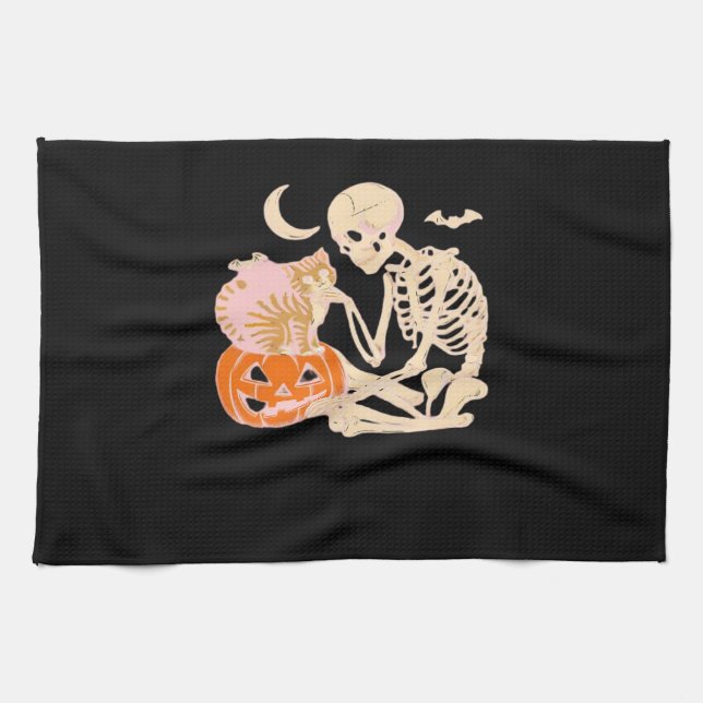 Linge De Cuisine Skeleton Hugging Cat Halloween Amoureux des chats  (Horizontal)