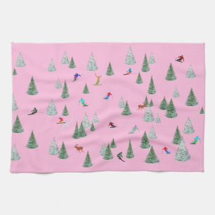 Linge De Cuisine Skieurs Illustration Ski Descente Rose