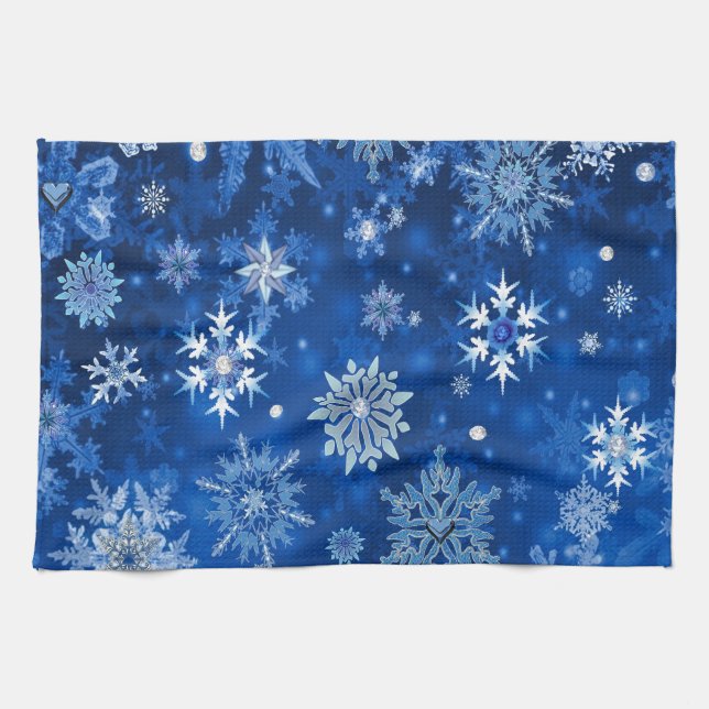Linge De Cuisine Snowflakes de Noël Bleu et argent (Horizontal)