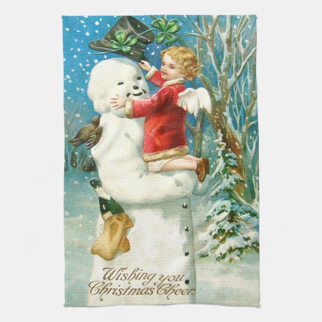 Linge De Cuisine Snowman Angel Cherub Four Leaf Clocher (Vertical)