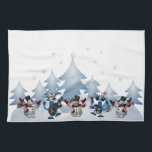 Linge De Cuisine Snowman Reindee Noël hiver<br><div class="desc">Il s'agit d'une serviette de cuisine avec de mignons bonhommes de neige et des rennes qui dansent autour des arbres de Noël. Les couleurs sont bleu clair. Un ajout festif à votre décor de cuisine de Noël. Vous pouvez même les utiliser pour pratiquer l'art japonais durable de l'emballage cadeau Furoshiki....</div>