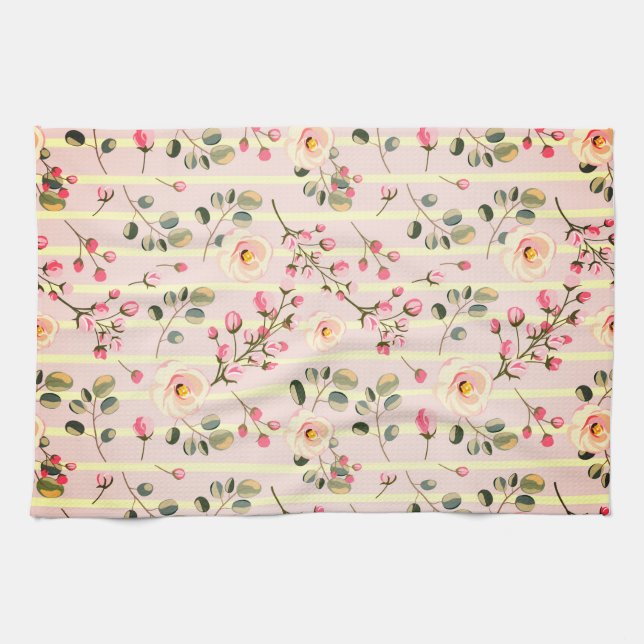 Linge De Cuisine Soft Pink Floral Stripe Pattern (Horizontal)