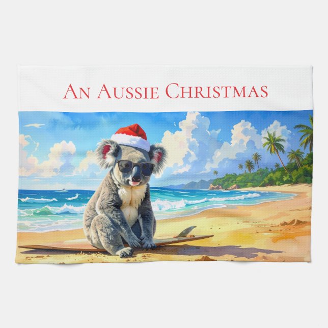 Linge De Cuisine Soleil et Surf Koala Santa Hat An Aussie Christmas (Horizontal)