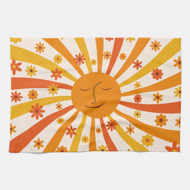 Linge De Cuisine Soleil Rétro Avec Fleurs Hippies Sunshine  (Horizontal)