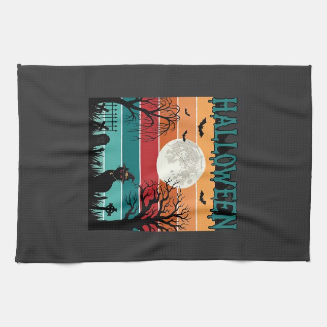 Linge De Cuisine Sorcière de Halloween Chat Toile d'araignée Lune C (Horizontal)