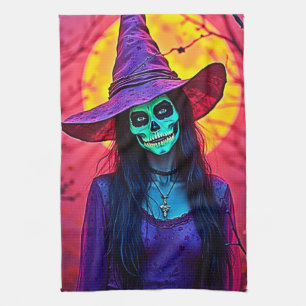 Linge De Cuisine Sorcière d'Halloween avec conception de visage crâ