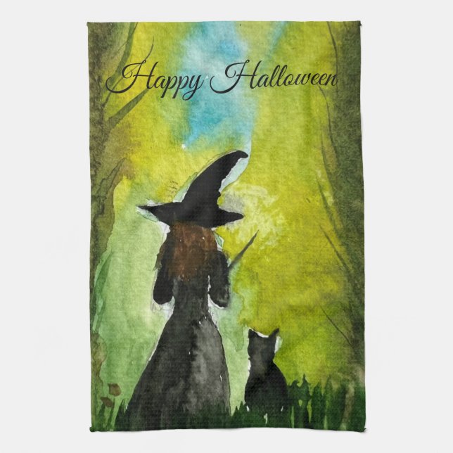 Linge De Cuisine Sorcière d'Halloween Femme Chat Noir Sortilèges (Vertical)
