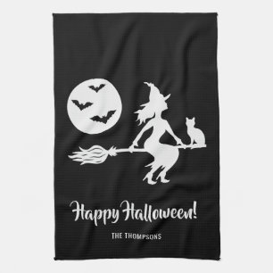 Linge De Cuisine Sorcière Sur Un Balai Noir Et Blanc Joyeux Hallowe