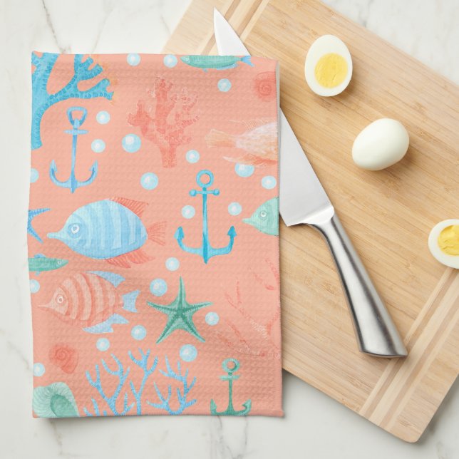 Linge De Cuisine Sous l'eau aquarelle corail rose  (Quart Plié)