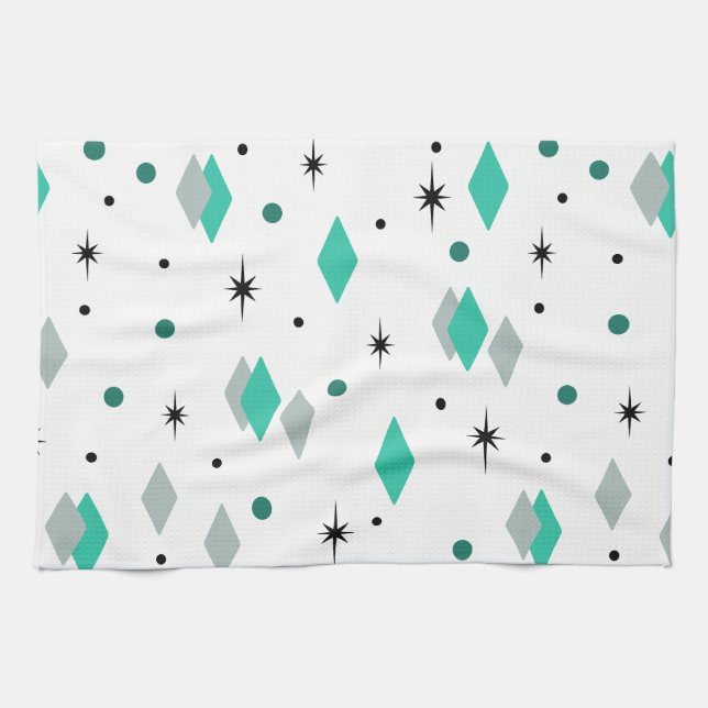 Linge De Cuisine Space Age Diamonds Turquoise White (Horizontal)