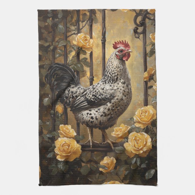 Linge De Cuisine Speckled Hen with Yellow Roses Oil Painting (Vertical)