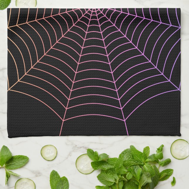 Linge De Cuisine Spider web noir violet orange motif Halloween (Plié)