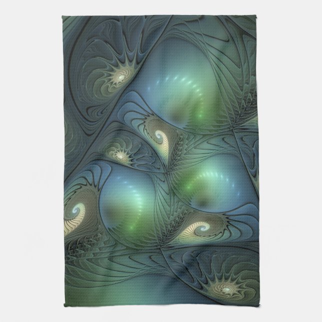 Linge De Cuisine Spirales Vert Beige Abstrait Art Fractal (Vertical)