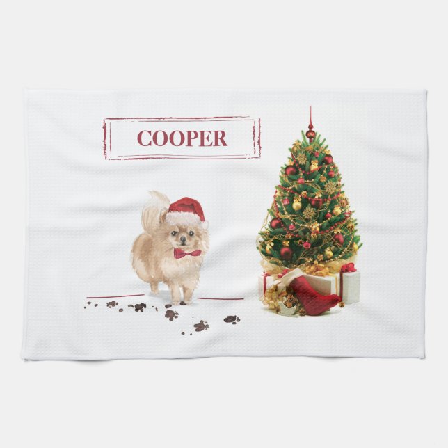 Linge De Cuisine Spitz Nain Noël Drôle Chien avec Arbre (Horizontal)