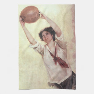 Linge De Cuisine Sports Vintage, joueuse de basket-ball avec ballon