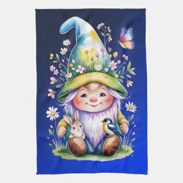 Linge De Cuisine Spring Gnome with Bunny and Bluebird (Vertical)