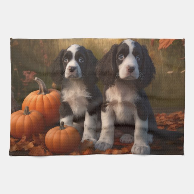 Linge De Cuisine Springer Spaniel Chiot Automne Citrouille de plais (Horizontal)