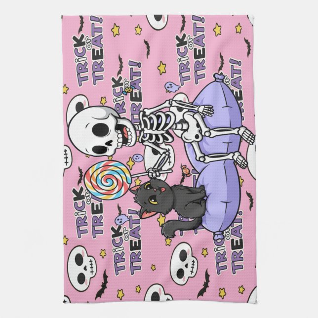 Linge De Cuisine Squelettes Mignons Roses Pour Halloween (Vertical)