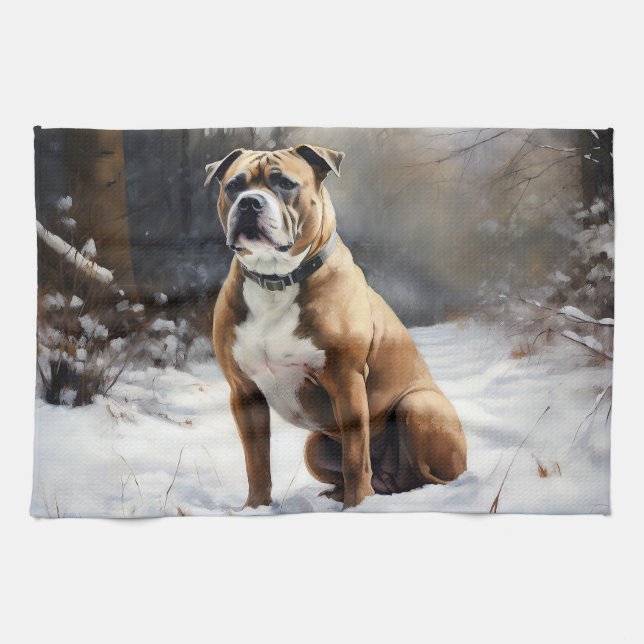 Linge De Cuisine Staffordshire Bull Terrier Laisser neiger Noël (Horizontal)