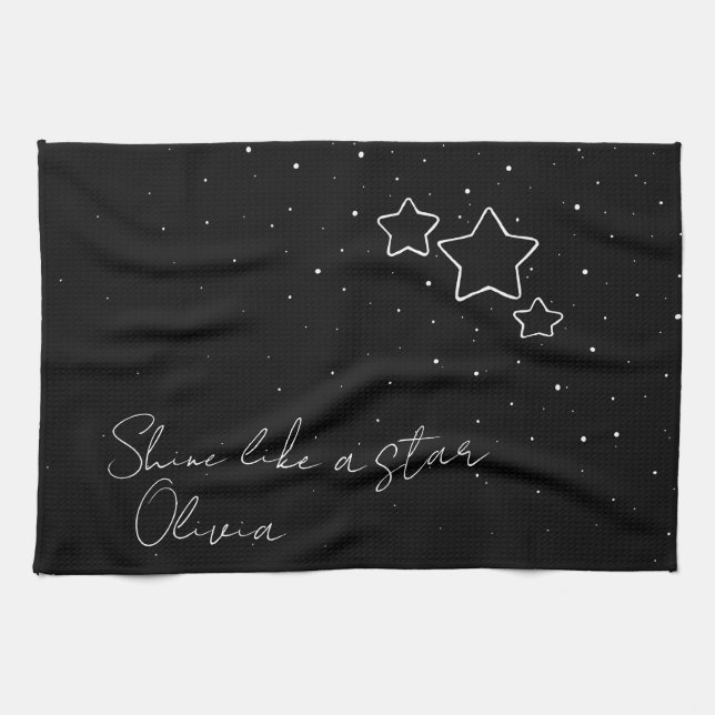 Linge De Cuisine Star Trio en noir et blanc avec message et nom (Horizontal)