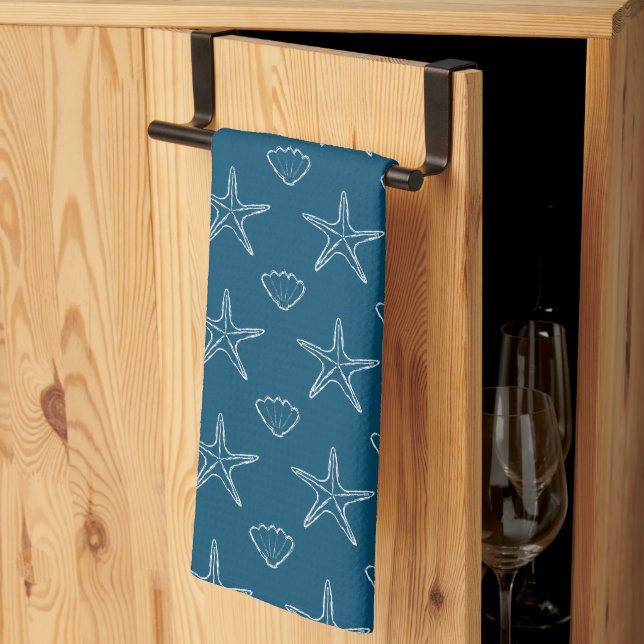 Linge De Cuisine Starfish Seashell Croquis Motif Sur Ocean Blue (Pliage en tiers)