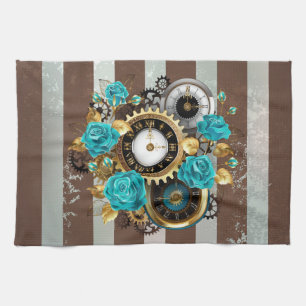 Linge De Cuisine Steampunk Clock and Turquoise Roses on Striped