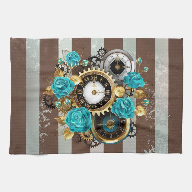 Linge De Cuisine Steampunk Clock and Turquoise Roses on Striped (Horizontal)
