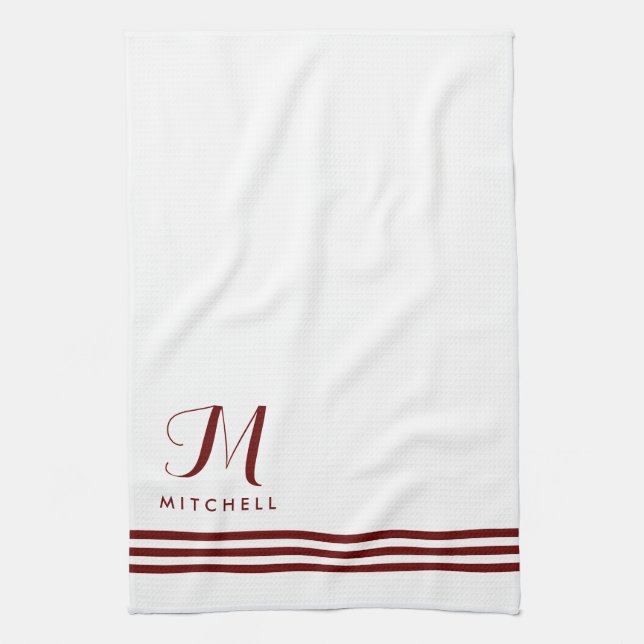 Linge De Cuisine Stripes et Monogrammes à pointes blanches et rouge (Vertical)