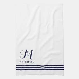Linge De Cuisine Stripes et Monogrammes sophistiqués marine et blan
