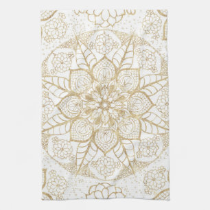 Linge De Cuisine Style Boho Blanc Or Mandala Floral