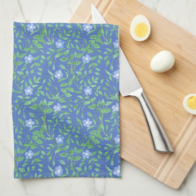 Linge De Cuisine Style champêtre Blue Green Floral Périwinkle Motif (Quart Plié)