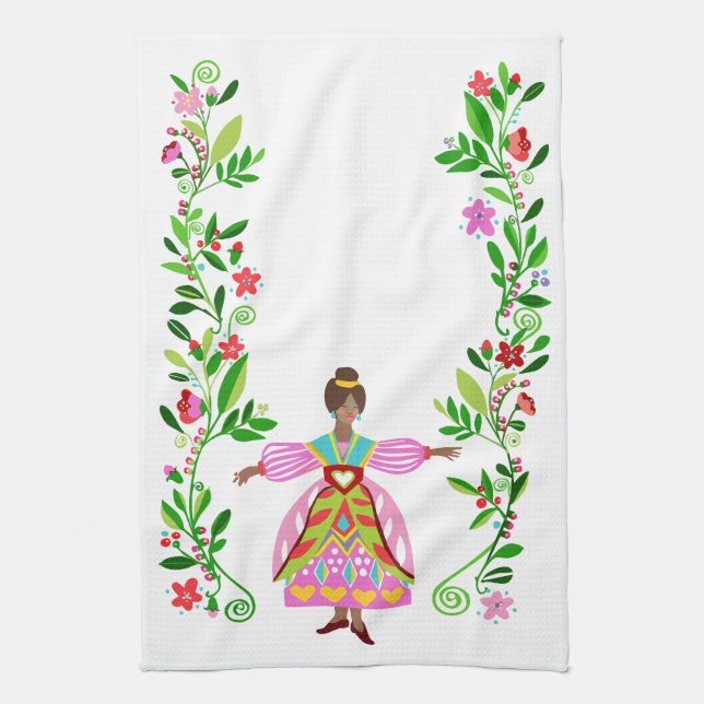 Linge De Cuisine Style d'art folklorique moderne Fille de fleurs af (Vertical)