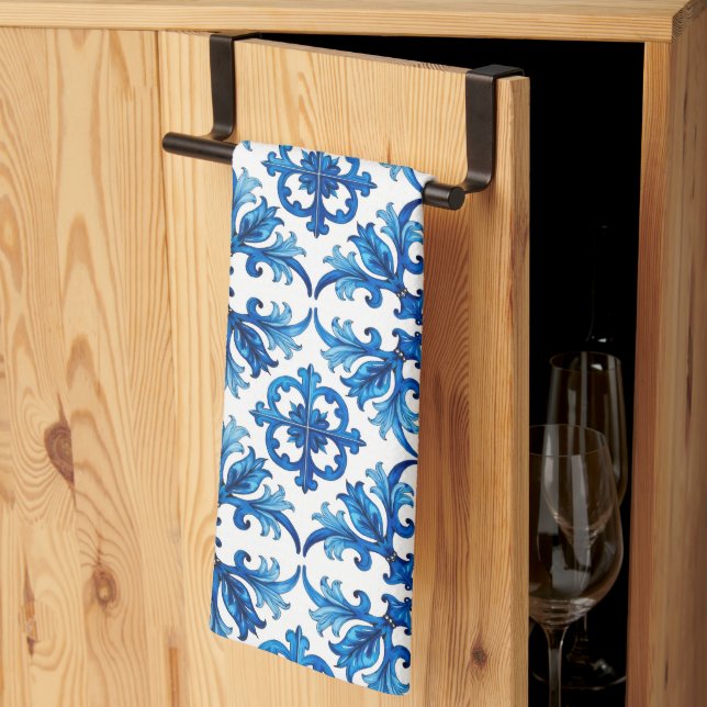 Linge De Cuisine style italien, méditerranéen, mosaïque, bleu, (Pliage en tiers)