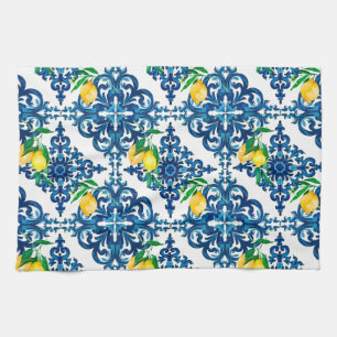 Linge De Cuisine style italien, mosaïque, bleu, citron,