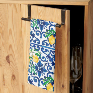Linge De Cuisine style italien, mosaïque, bleu, citron,