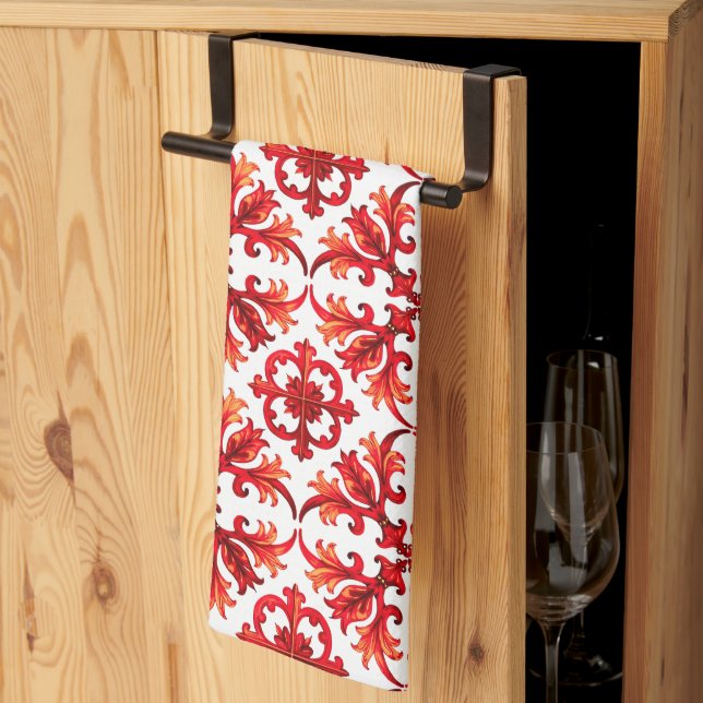 Linge De Cuisine Style italien, mosaïque, rouge (Pliage en tiers)