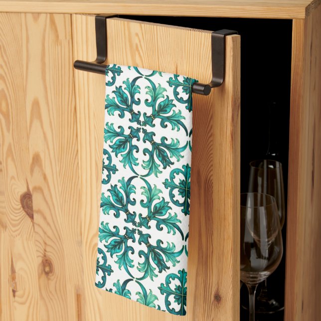 Linge De Cuisine Style italien, mosaïque, vert (Pliage en tiers)