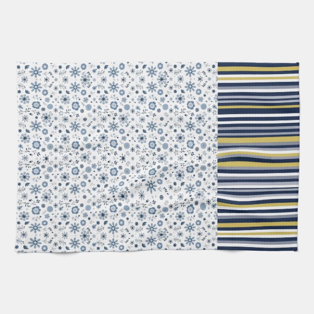 Linge De Cuisine Style Rustique : Rayures Douces avec Accents Flora (Horizontal)