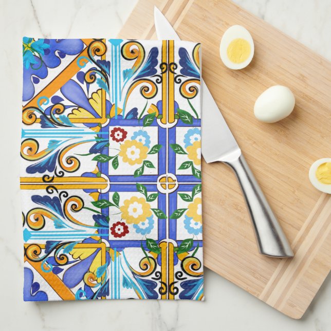 Linge De Cuisine style sicilien, majolica, citrons         (Quart Plié)