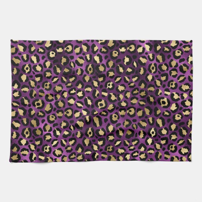 Linge De Cuisine Stylish Black Purple and Gold Foil Leopard Spots (Horizontal)