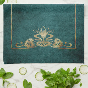 Linge De Cuisine Suede Art nouveau look élégant or vert lotus