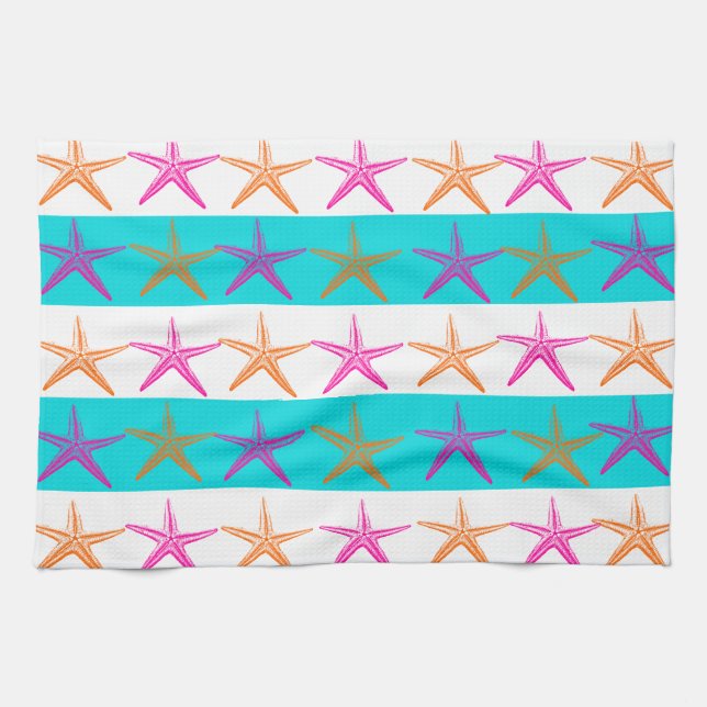 Linge De Cuisine Summer Beach Thème Starfish sur les rayures Turquo (Horizontal)