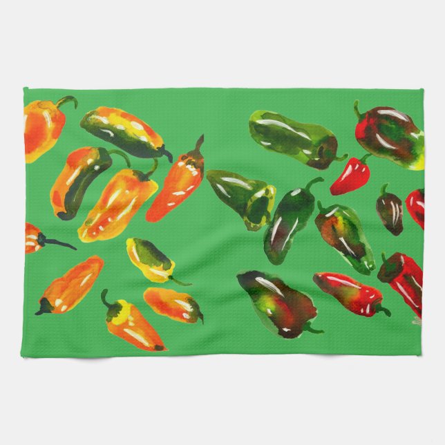 Linge De Cuisine Sun-Drenched Peppers on Bright Green Kitchen Towel (Horizontal)