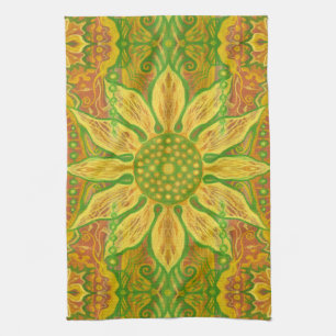 Linge De Cuisine Sun Flower bohème floral art jaune vert orange