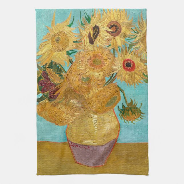 Linge De Cuisine Sunflowers, Post Impressionist Still Life Painting (Vertical)