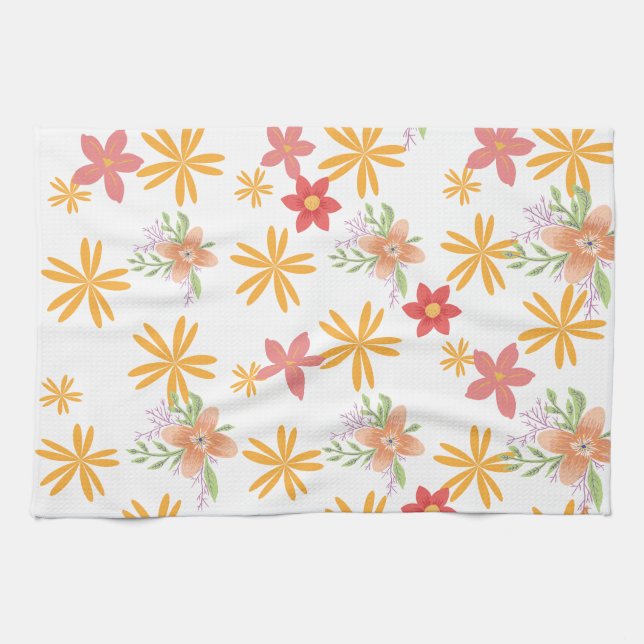 Linge De Cuisine Sunny Yellow & Pink Daisy Floral Pattern  (Horizontal)