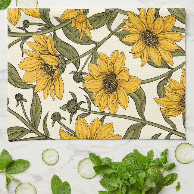 Linge De Cuisine Sunroot, tournesol sauvage sur blanc (Plié)