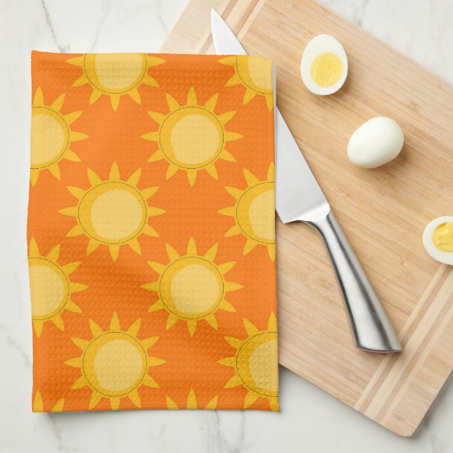 Linge De Cuisine Sunshine Sun Pattern Design On Orange  (Quart Plié)