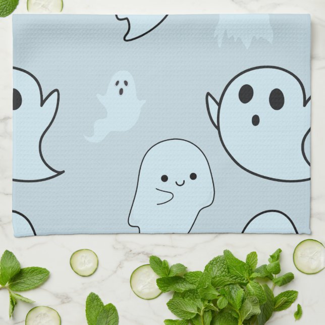 Linge De Cuisine Super mignon blanc Fantômes vert Halloween (Plié)