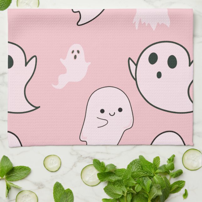 Linge De Cuisine Superbes fantômes blancs rose clair Halloween (Plié)